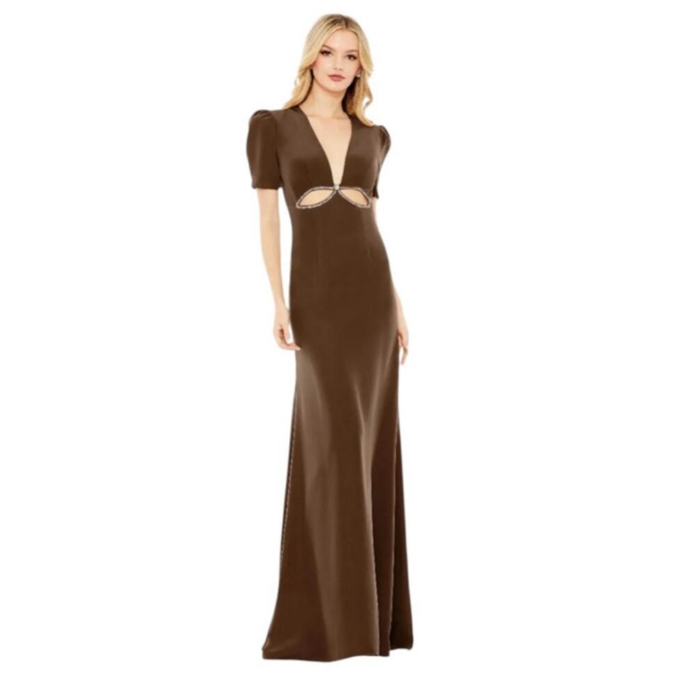 Mac Duggal NEW Size 12 Espresso Brown Plunge Neck Puff Sleeve Cut Out Prom Gown